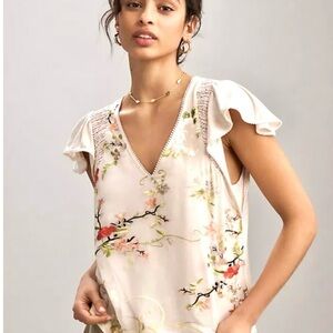 Anthropologie Tiny Floral Embroidered Cream Top